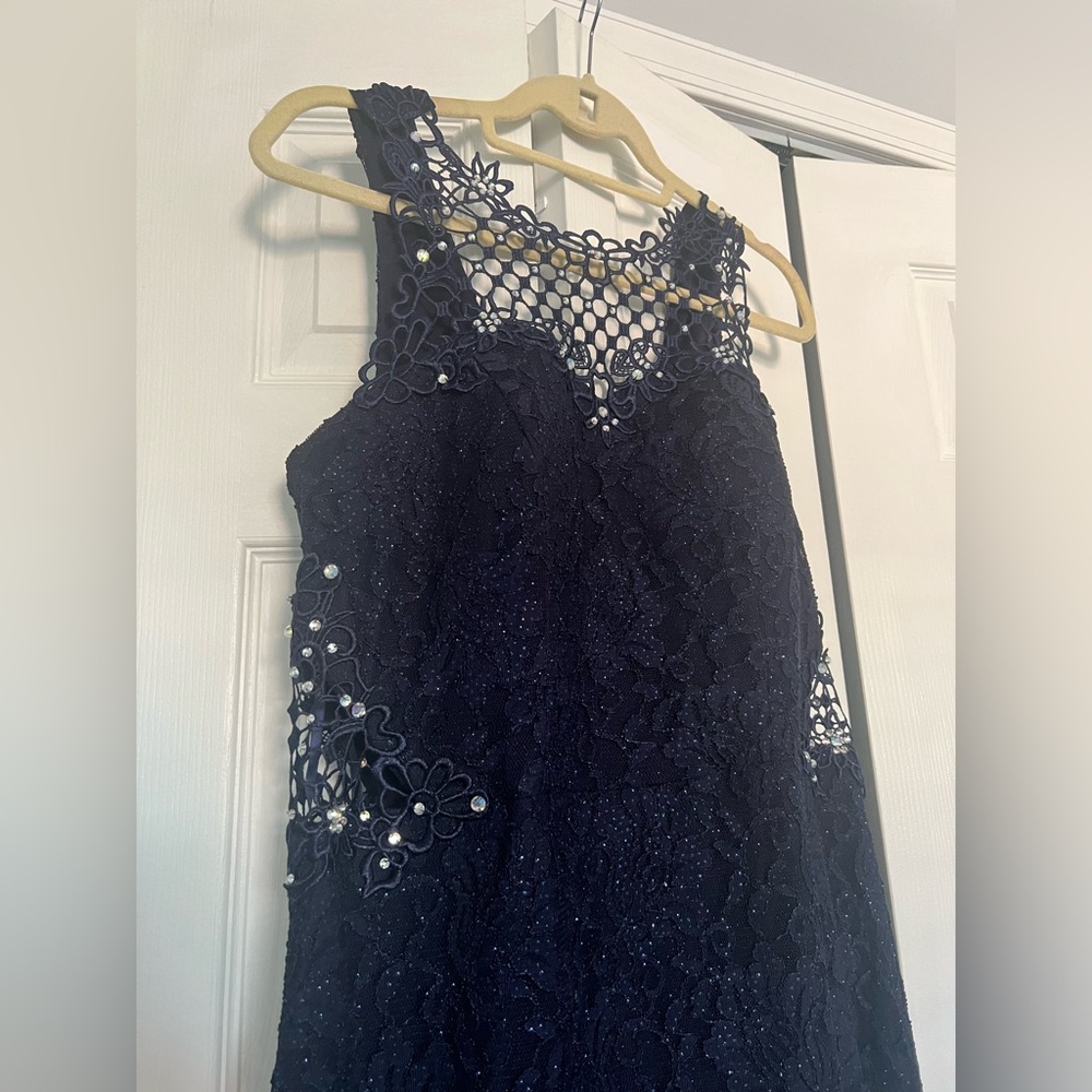 David’s bridal navy blue sparkly long dress, size 17.